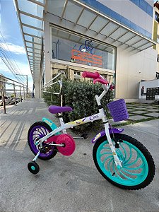 BICICLETA ARO (16) FEMININA CALOI CECI S/ MARCHA FREIO V-BRAKE COM CESTA COR BRANCO/ROXO