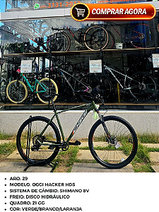 BICICLETA MTB ARO (29) OGGI HACKER HDS SHIMANO ESSA 8V FREIO DISC HIDRÁULICO TAMANHO 21 (GG) COR VERDE/BRANCO/LARARANJA
