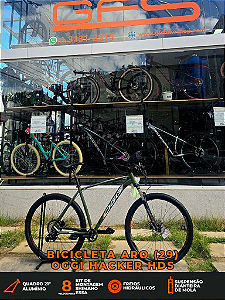 BICICLETA MTB ARO (29) OGGI HACKER HDS SHIMANO ESSA 8V FREIO DISC HIDRÁULICO TAMANHO 21 (GG) COR VERDE/BRANCO/LARARANJA