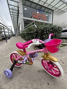 BICICLETA ARO (12) FEMININA COR ROSA/BRANCO S/MARCHA MARCA NATHOR PRINCESAS COM CESTA