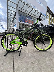 BICICLETA MTB FREERIDE ARO (26) VIKINGX TUFF 44 KIT 21 VELOCIDADES FREIO DISC MECANICO COR PRETO/VERDE