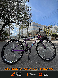 BICICLETA ARO (26) FEMININA COR VIOLETA SEM MARCHA MARCA MILANO QUADRO REBAIXADO COM CESTA