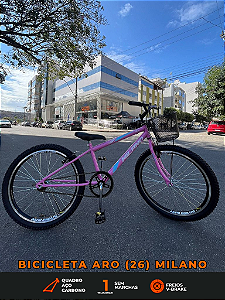 BICICLETA ARO (26) FEMININA COR ROSA CLARO SEM MARCHA MARCA MILANO QUADRO REBAIXADO COM CESTA