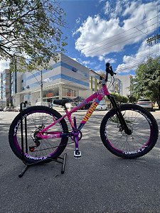 BICICLETA MTB FREERIDE ARO (26) VIKINGX TUFF X-25 CAMBIO 7 VELOCIDADES(1x7) FREIO DISCO MECÂNICO COR ROSA/ROXO