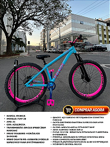 BICICLETA MTB FREERIDE ARO (26) VIKINGX TUFF-38 KIT SINGLE S/MARCHA FREIO DISC HIDRÁULICO SHIMANO COR AZUL/ROSA