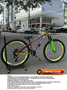 BICICLETA MTB FREERIDE ARO (26) RUSTIC PRO 8 VELOCIDADE (1X8) FREIO DISC HIDRÁULICO MT200 TRASEIRO COR CAMALEAO/VERDE