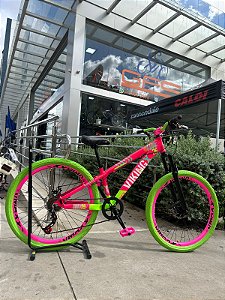 BICICLETA MTB FREERIDE ARO (26) VIKINGX TUFF-25 CAMBIO 7 VELOCIDADES (1X7) FREIO DISC MECÂNICO COR ROSA/VERDE