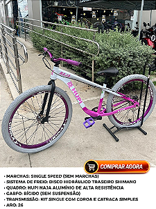 BICICLETA MTB FREERIDE ARO (26) HUPI NAJA KIT SINGLE S/ MARCHA FREIO DISC HIDRÁULICO TRASEIRO SHIMANO COR BRANCO/ROSA