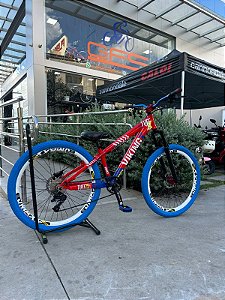 BICICLETA MTB FREERIDE ARO (26) VIKINGX TUFF-25 CAMBIO 8 VELOCIDADES FREIO DISC HIDRAULICO COR VERMELHO/AZUL/BRANCO