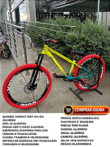 BICICLETA MTB FREERIDE ARO (26) VIKINGX TUFF-X44 CAMBIO 8 VELOCIDADES (1X8) FREIO DISC HIDRAULICO COR AMAR NEON/VERMELHO