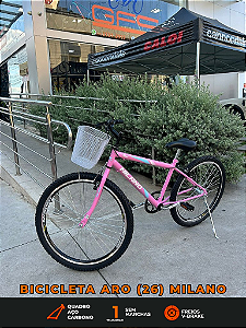 BICICLETA ARO (26) FEMININA COR ROSA CLARO SEM MARCHA MARCA MILANO QUADRO REBAIXADO COM CESTA