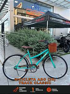 BICICLETA ARO (26) FEMININA TRACK CLASSIC SEM MARCHA FREIOS V-BRAKE COM CESTA COR ANIS FROZEN/MARROM