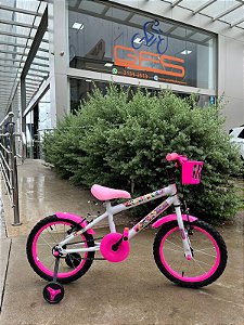 BICICLETA ARO (16) FEMININA COR BRANCA/ROSA S/MARCHA FREIO V-BRAKE MARCA VELOOH PERSONALIZADA