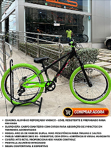 BICICLETA MTB FREERIDE ARO (26) VIKINGX TUFF X-44 CAMBIO 8 VELOCIDADES (1x8) FREIO DISC HIDRÁULICO COR PRETO/VERDE