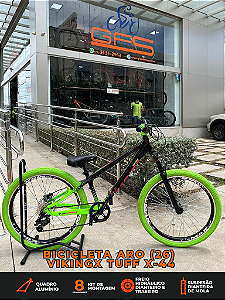 BICICLETA MTB FREERIDE ARO (26) VIKINGX TUFF X-44 CAMBIO 8 VELOCIDADES (1x8) FREIO DISC HIDRÁULICO COR PRETO/VERDE