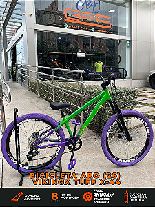 BICICLETA MTB FREERIDE ARO (26) VIKINGX TUFF-X44 CAMBIO 8 VELOCIDADES (1X8) FREIO DISC HIDRAULICO COR VERDE/ROXO