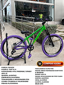 BICICLETA MTB FREERIDE ARO (26) VIKINGX TUFF-X44 CAMBIO 8 VELOCIDADES (1X8) FREIO DISC HIDRAULICO COR VERDE/ROXO