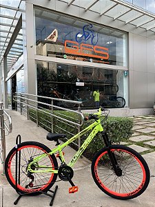 BICICLETA MTB FREERIDE ARO (26) VELOOH RIDE 21 VELOCIDADES (3X7) FREIO DISC MECÂNICO COR AMARELO NEON/LARANJA