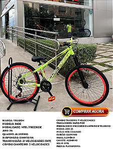 BICICLETA MTB FREERIDE ARO (26) VELOOH RIDE 21 VELOCIDADES (3X7) FREIO DISC MECÂNICO COR AMARELO NEON/LARANJA