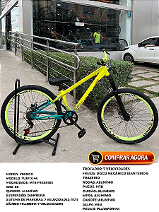 BICICLETA MTB FREERIDE ARO (26) VIKINGX TUFF X-44 CAMBIO 7VELOCIDADES (1X7) FREIO DISCO MECÂNICO COR AMARELO/VERDE