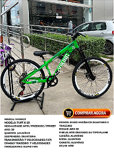 BICICLETA MTB FREERIDE ARO (26) VIKINGX TUFF X-25 CAMBIO 7VELOCIDADES (1X7) FREIO DISCO MECÂNICO COR VERDE/BRANCO