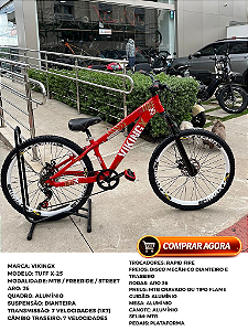 BICICLETA MTB FREERIDE ARO (26) VIKINGX TUFF X-25 CAMBIO 7VELOCIDADES (1X7) FREIO DISCO MECÂNICO COR VERMELHA