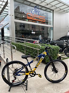 BICICLETA MTB FREERIDE ARO (26) VIKINGX TUFF X-25 CAMBIO 7VELOCIDADES (1X7) FREIO DISCO MECÂNICO COR AZUL/AMARELO