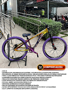 BICICLETA MTB FREERIDE ARO (26) RUSTIC PRO KIT SINGLE S/ MARCHA FREIO DISC HIDRÁULICO MT200 TRASEIRO COR CAMALEAO/ROXO