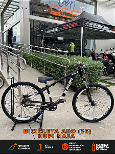 BICICLETA MTB FREERIDE ARO (26) HUPI NAJA KIT SINGLE S/ MARCHA FREIO DISC HIDRÁULICO TRASEIRO SHIMANO COR PRETO/BRANCO