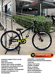 BICICLETA MTB FREERIDE ARO (26) VIKINGX TUFF X-25 CAMBIO 7VELOCIDADES (1X7) FREIO DISCO MECÂNICO COR PRETO/AZUL/NEON
