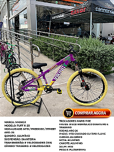 BICICLETA MTB FREERIDE ARO (26) VIKINGX TUFF X-25 CAMBIO 8 VELOCIDADES (1x8) FREIO DISC HIDRÁULICO COR ROXO/AMARELO