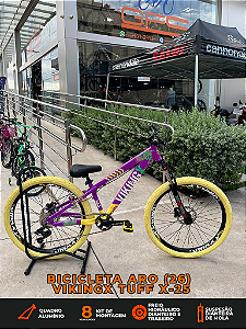 BICICLETA MTB FREERIDE ARO (26) VIKINGX TUFF X-25 CAMBIO 8 VELOCIDADES (1x8) FREIO DISC HIDRÁULICO COR ROXO/AMARELO