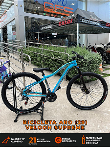 BICICLETA MTB ARO (29) VELOOH SUPREME 21 VELOCIDADES FREIO A DISCO MECÂNICO TAMANHO 15 (P) COR AZUL CLARO