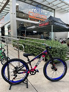 BICICLETA MTB FREERIDE ARO (26) VIKINGX TUFF-25 CAMBIO 24 VELOCIDADES (3x8) FREIO DISC MECÂNICO COR PRETO/ROSA/AZUL