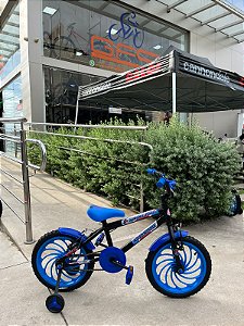 BICICLETA ARO (16) MASCULINA COR PRETO/AZUL S/MARCHA MARCA VELOOH PERSONALIZADA