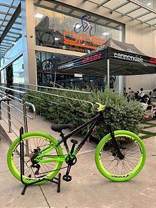 BICICLETA MTB FREERIDE ARO (26) VIKINGX TUFF X-44 CAMBIO 7 VELOCIDADES (1x7) FREIO DISC MECÊNICO COR PRETO/VERDE