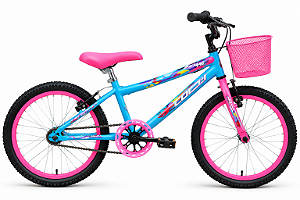 BICICLETA ARO (20) FEMININA COR AZUL E ROSA S/MARCHA FREIO V-BRAKE COM CESTA MARCA VELOOH