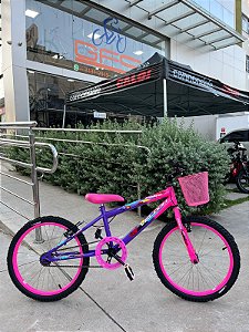 BICICLETA ARO (20) FEMININA COR ROXO E ROSA S/MARCHA FREIO V-BRAKE COM CESTA MARCA VELOOH
