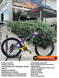 BICICLETA MTB FREERIDE ARO (26) VIKINGX TUFF-25 KIT 7 VELOCIDADES FREIO DISC HIDRÁULICO TRASEIRO COR ROXO/AMARELO