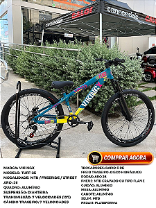 BICICLETA MTB FREERIDE ARO (26) VIKINGX TUFF-25 KIT 7 VELOCIDADES FREIO DISC HIDRÁULICO TRASEIRO COR VERDE/AMARELO