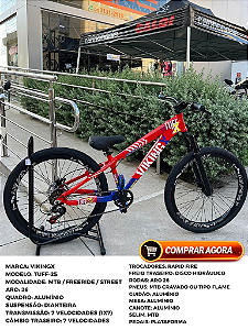 BICICLETA MTB FREERIDE ARO (26) VIKINGX TUFF-25 KIT 7 VELOCIDADES FREIO DISC HIDRÁULICO TRASEIRO COR VERMELHO/AZUL