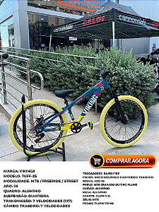 BICICLETA MTB FREERIDE ARO (26) VIKINGX TUFF-25 KIT 7 VELOCIDADES FREIO DISC MECÂNICO COR VERDE/AMARELO