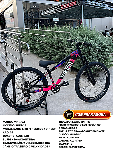 BICICLETA MTB FREERIDE ARO (26) VIKINGX TUFF-25 KIT 7 VELOCIDADES FREIO DISC MECÂNICO COR PRETO/ROSA/AZUL