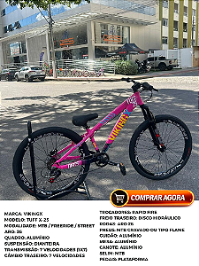 BICICLETA MTB FREERIDE ARO (26) VIKINGX TUFF X-25 CAMBIO 7 VELOCIDADES(1x7) FREIO DISC HIDRAULICO TRASEIRO COR ROSA/ROXO