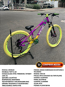 BICICLETA MTB FREERIDE ARO (26) VIKINGX TUFF X-25 CAMBIO 8 VELOCIDADES (1x8) FREIO DISC HIDRÁULICO COR ROXO/AMARELO