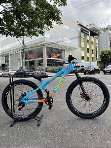 BICICLETA MTB FREERIDE ARO (26) VIKINGX TUFF-25 KIT 7 VELOCIDADES FREIO DISC MECÂNICO COR AZUL/LARANJA