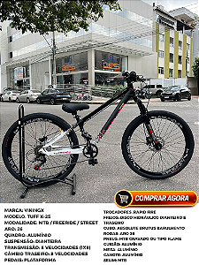 BICICLETA MTB FREERIDE ARO (26) VIKINGX TUFF-X44 CAMBIO 7 VELOCIDADES (1X7) FREIO DISC HIDRAULICO COR BRANCA/PRETO/ROSA