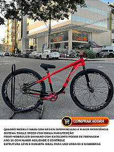 BICICLETA MTB FREERIDE ARO (26) HUPI NAJA KIT SINGLE S/MARCHA FREIO DISC HIDRÁULICO TRASEIRO SHIMANO COR VERMELHO/PRETO