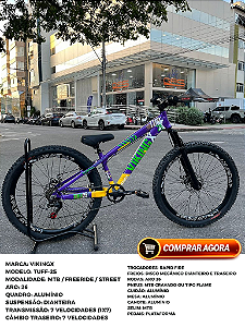 BICICLETA MTB FREERIDE ARO (26) VIKINGX TUFF-25 KIT 7 VELOCIDADES FREIO DISC MECÂNICO COR ROXO/VERDE/AMARELO