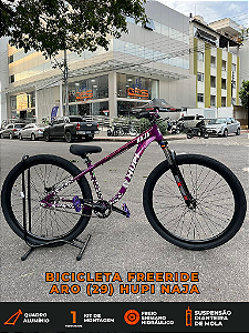 BICICLETA MTB FREERIDE ARO (29) HUPI NAJA KIT SINGLE S/MARCHA FREIO DISC HIDRÁULICO TRASEIRO SHIMANO COR ROXO/BRANCO